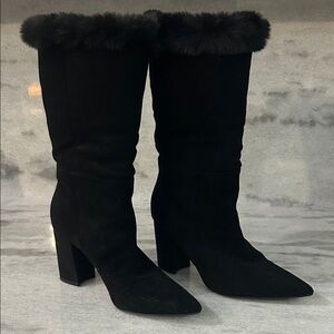 Nine West suade leather Black Heeled Boots fur detail sz 7 new never worn